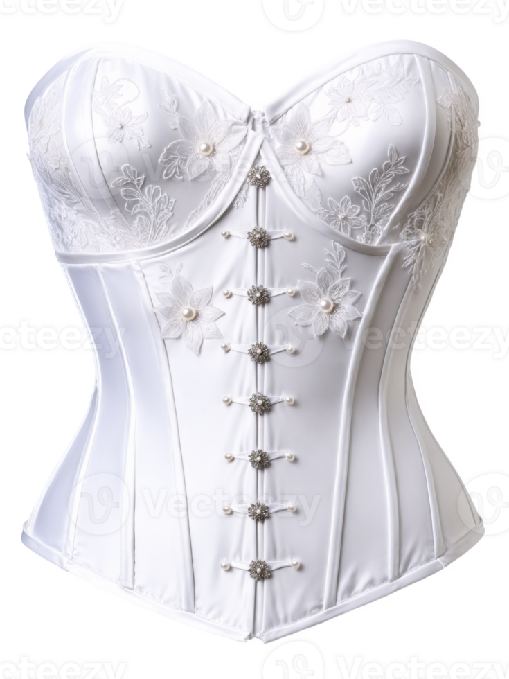 bridal corset featuring embroidered lace and soft mesh, designed with a strapless neckline and a lace-up back with satin ribbons. png
