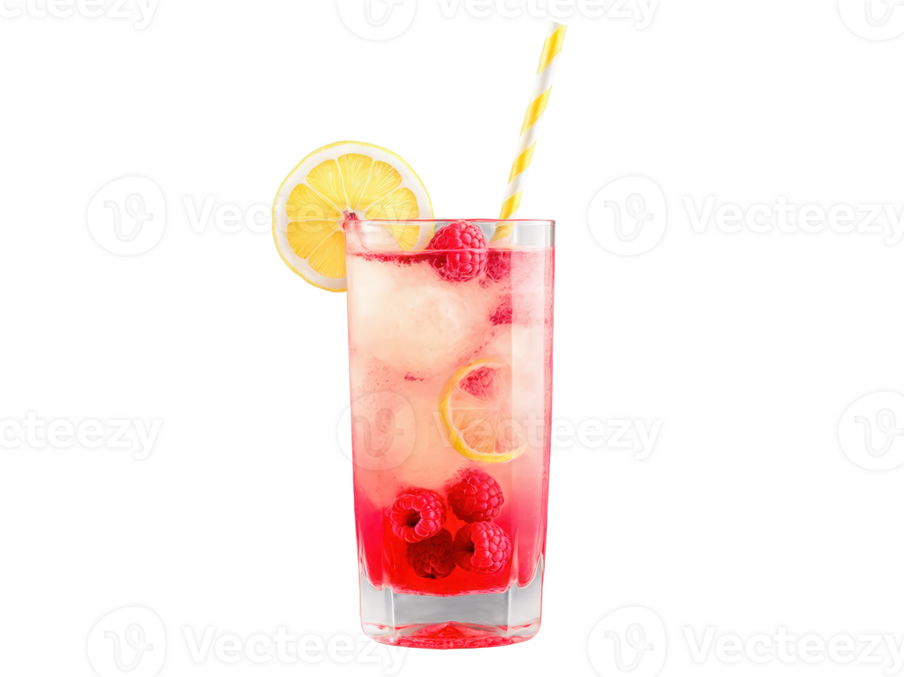 Raspberry Lemonade in a glass with fresh raspberries and lemon slices, vibrant pink and yellow tones, isolated png