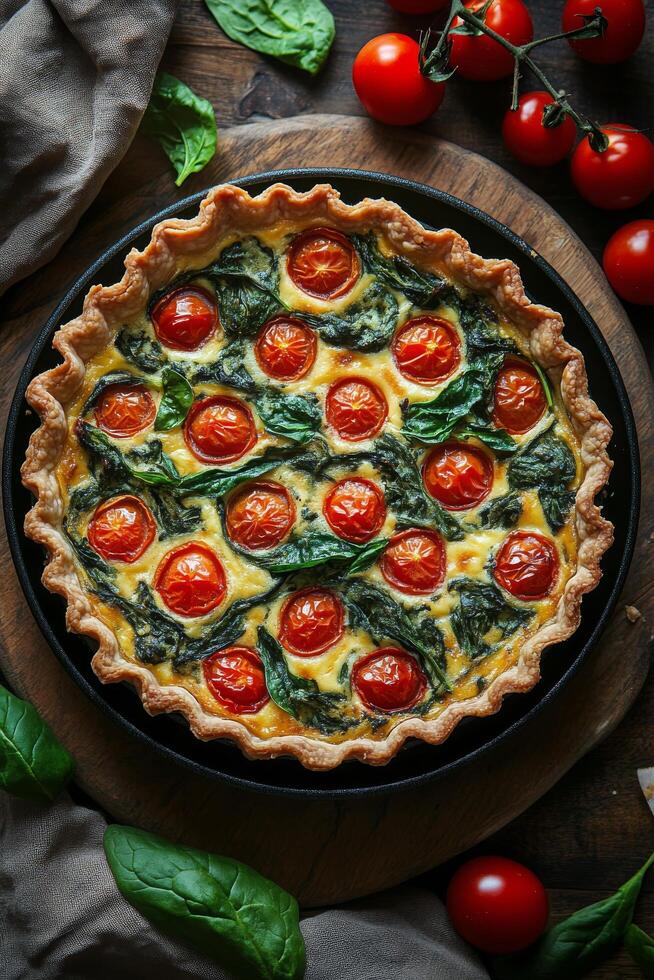 Fresh vegetable quiche with spinach and cherry tomatoes on a rustic wooden table photo