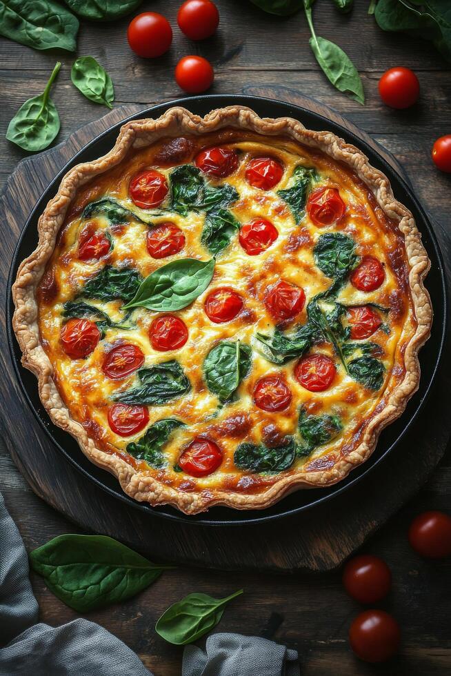 Fresh vegetable quiche with spinach and cherry tomatoes on a rustic wooden table photo