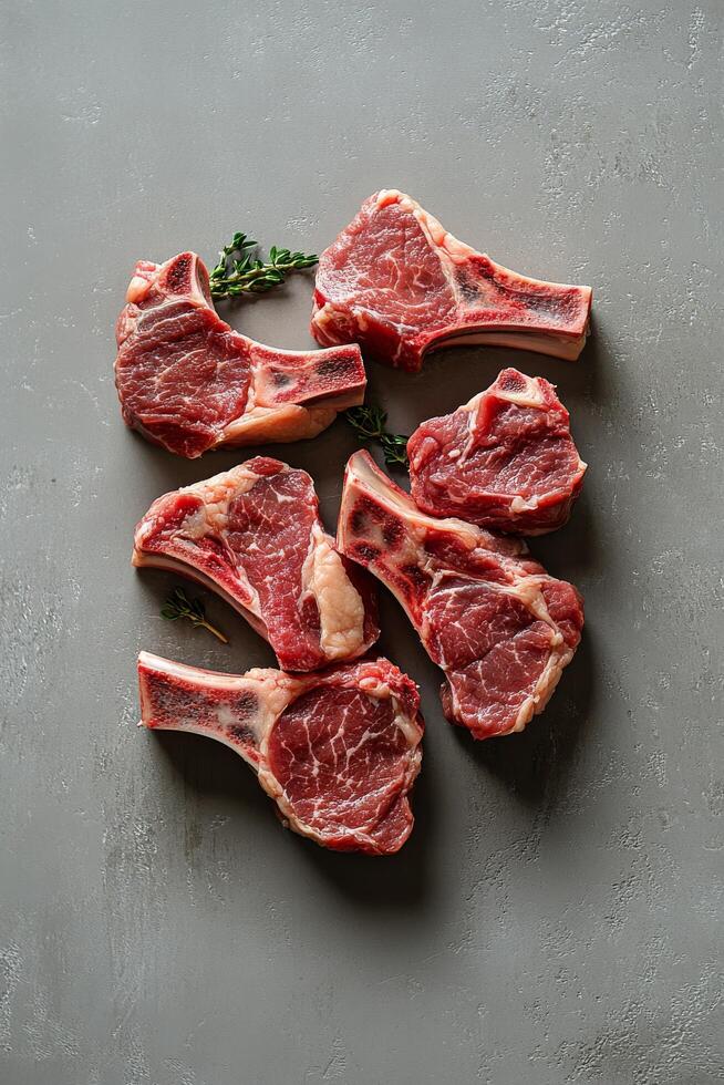 Fresh cut pork chops placed on a gray surface with a sprig of mint for garnish photo