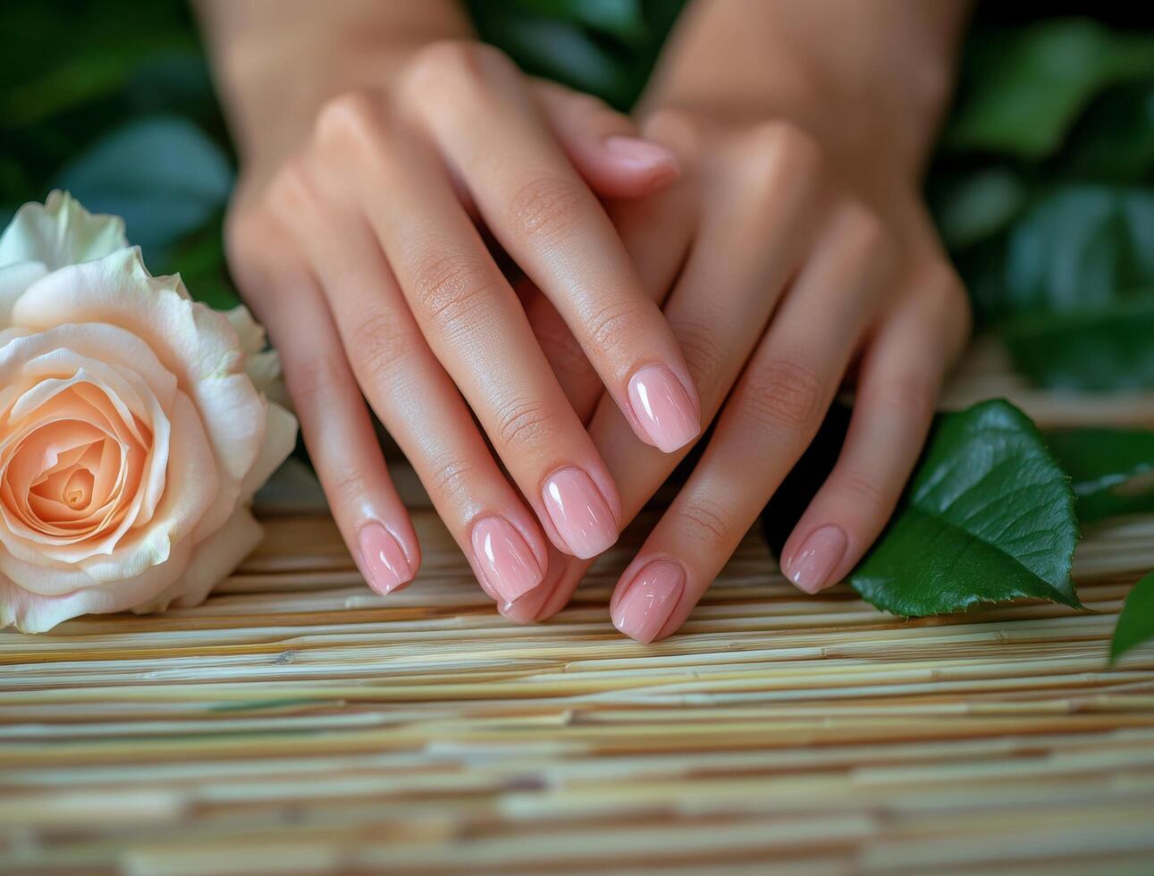 Delicate hand resting on a bamboo mat surrounded by soft pink roses in a serene setting photo