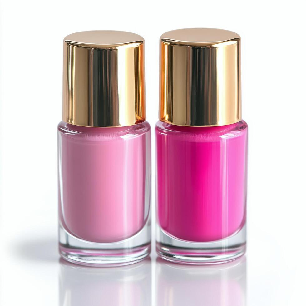 Vibrant pink nail polish bottle on a light background with soft shadows photo