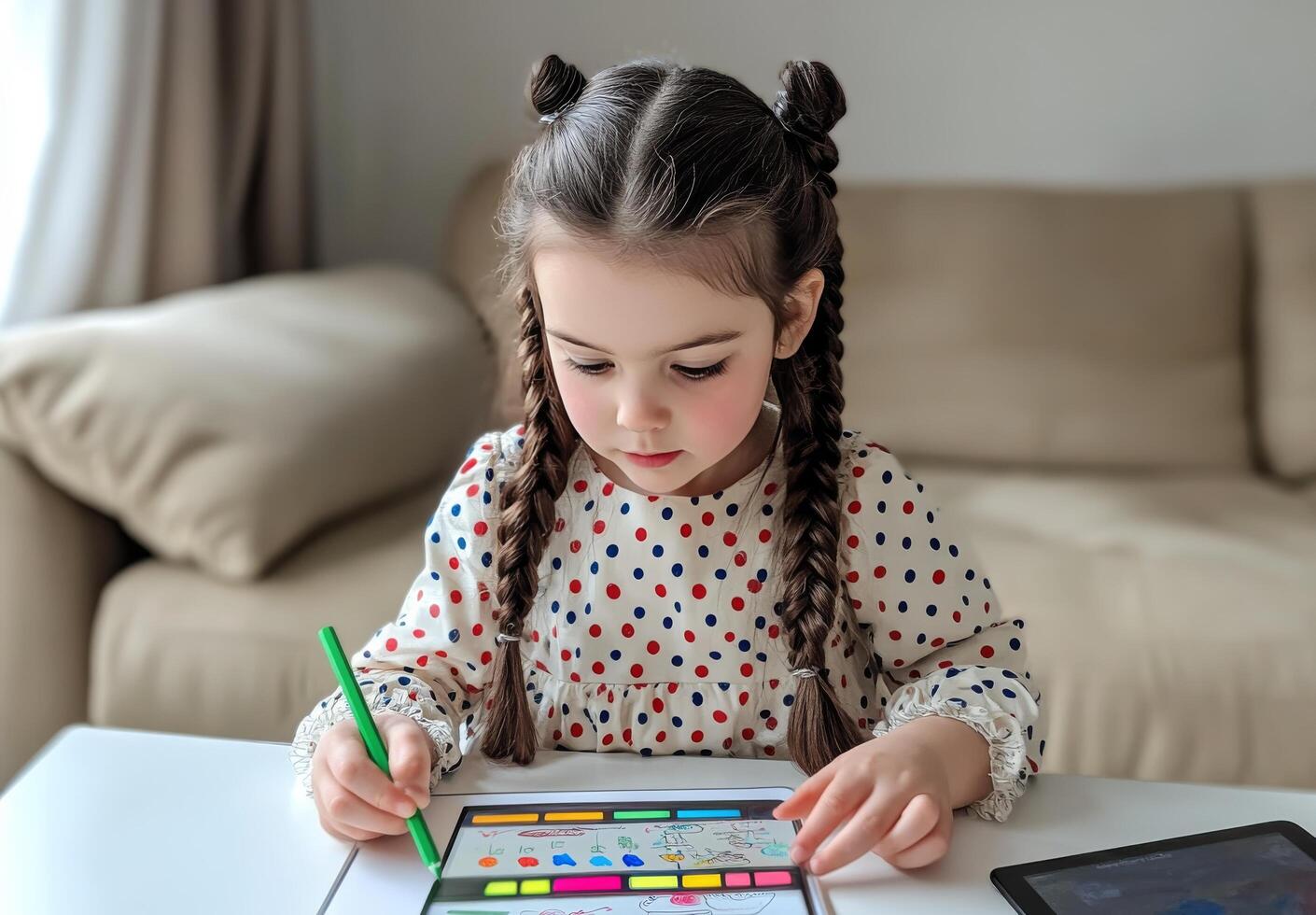 Young girl with braids engages in creative activity using a tablet in a bright living room setting photo