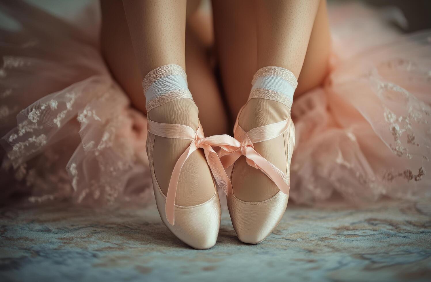 Ballet dancer prepares for performance in soft pink tutu and delicate pointe shoes at dance studio photo