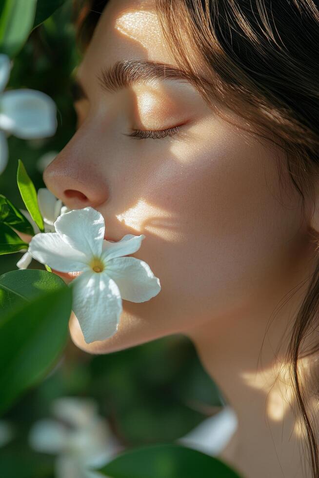 A young woman enjoys the fragrance of white flowers amidst lush greenery on a sunny day photo
