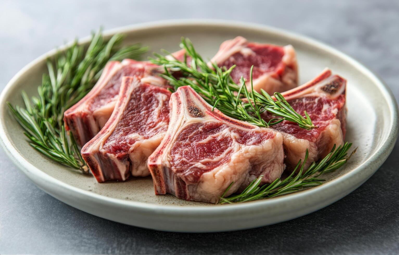 Fresh lamb chops accompanied by parsley on a textured gray countertop ready for cooking photo