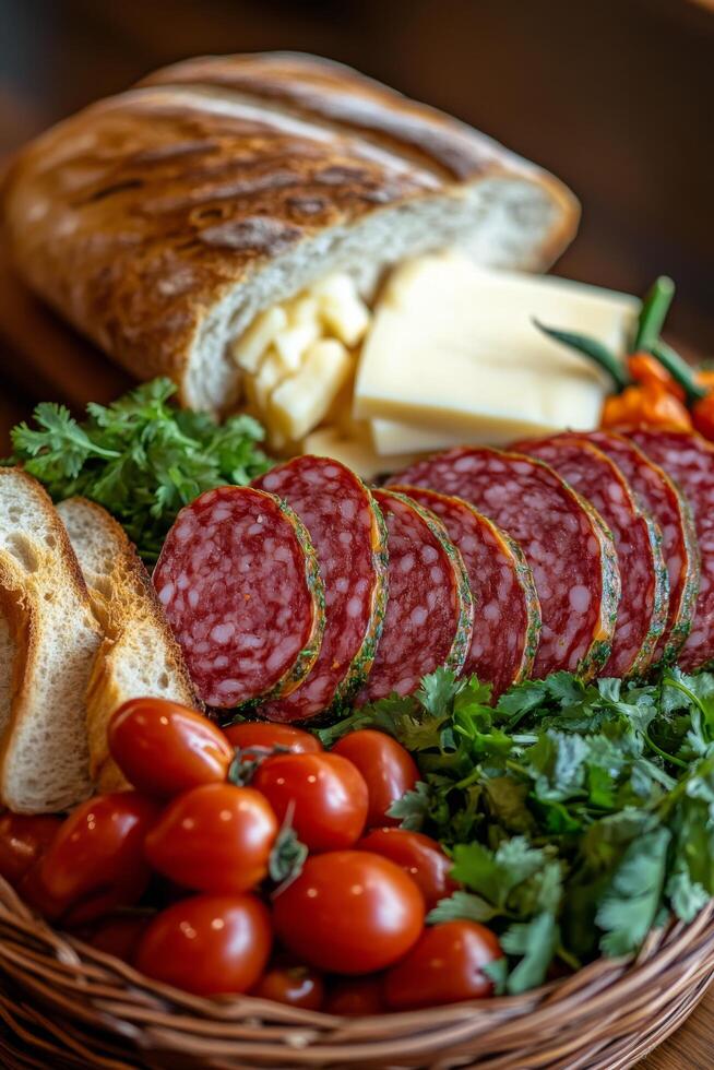A fresh assortment of meats, cheeses, and vegetables arranged on a rustic wooden table photo
