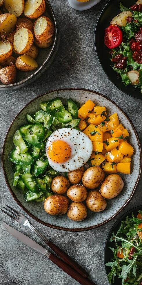 Healthy breakfast bowl with green vegetables, potatoes, egg, and mango arranged on a rustic table photo