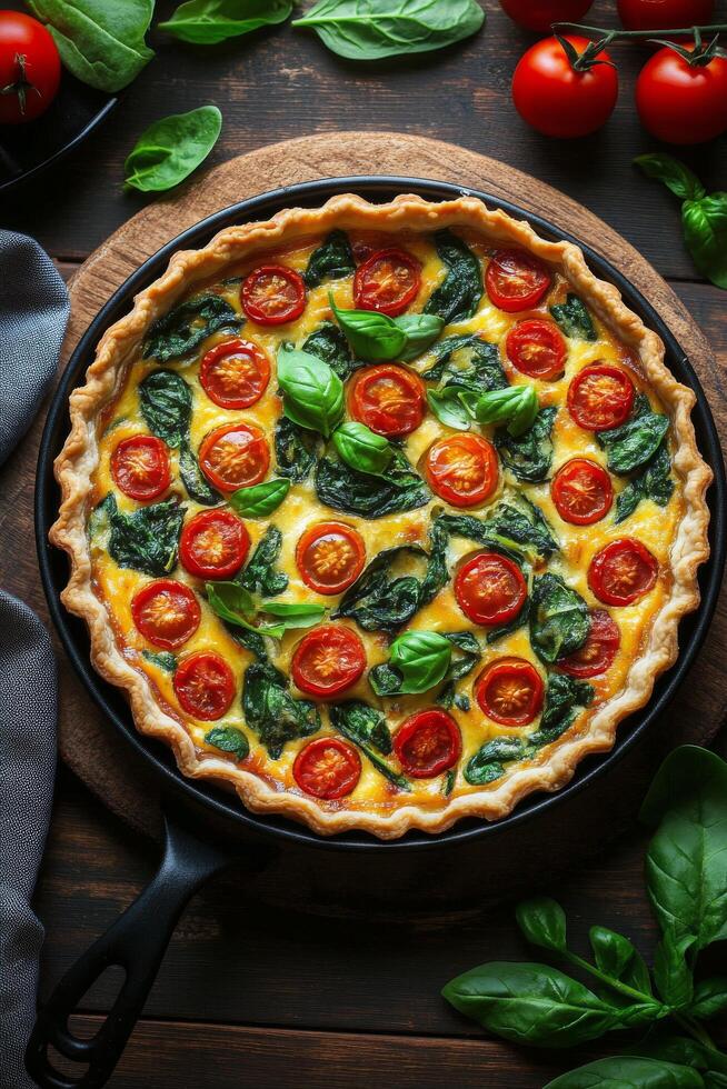 Fresh vegetable quiche with spinach and cherry tomatoes on a rustic wooden table photo