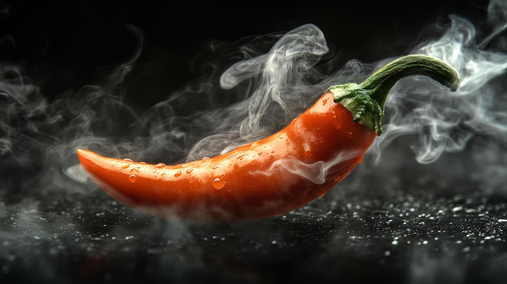 Bright red chili pepper with droplets and smoke elegantly swirling around it on a dark background photo