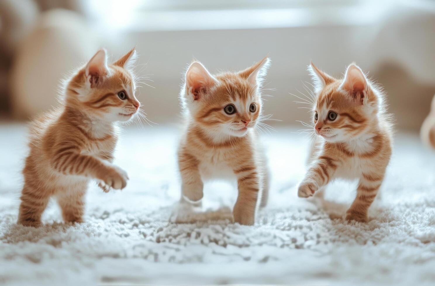 Three playful kittens run across a soft carpet in a cozy indoor setting during the day photo