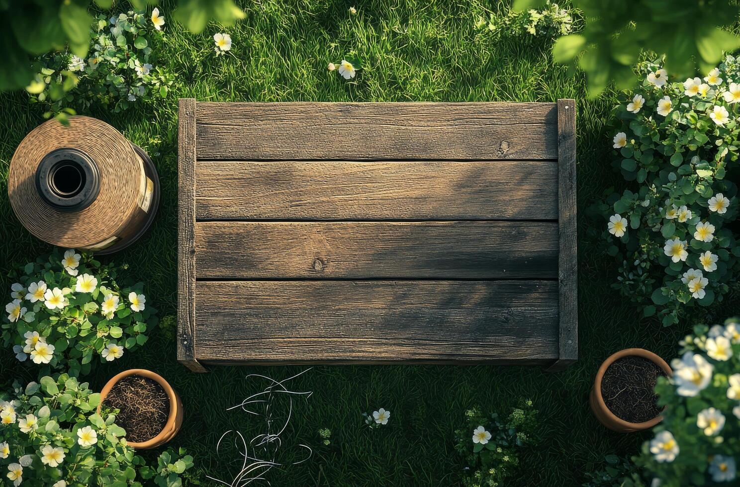 Gardening setup with plant pots, flowers, and soil on a sunny day in a backyard photo