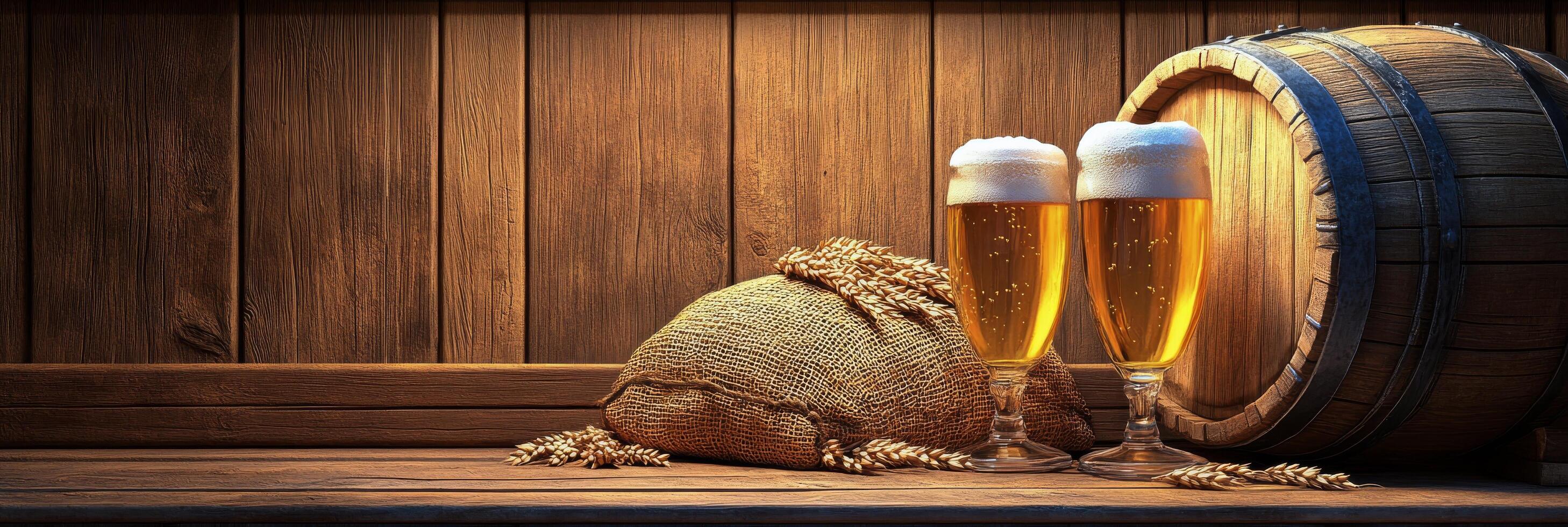 Two glasses of beer beside a wooden barrel and grains on a rustic table at a brewery photo