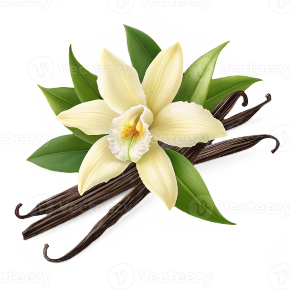 vanilla flower with pods and leaves isolated on transparent background png