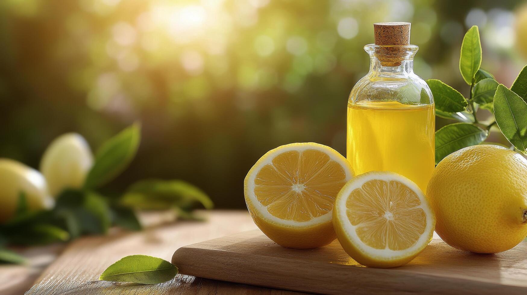 Fresco limones y un vaso botella de limón petróleo en un de madera mesa en un iluminado por el sol cocina ajuste foto