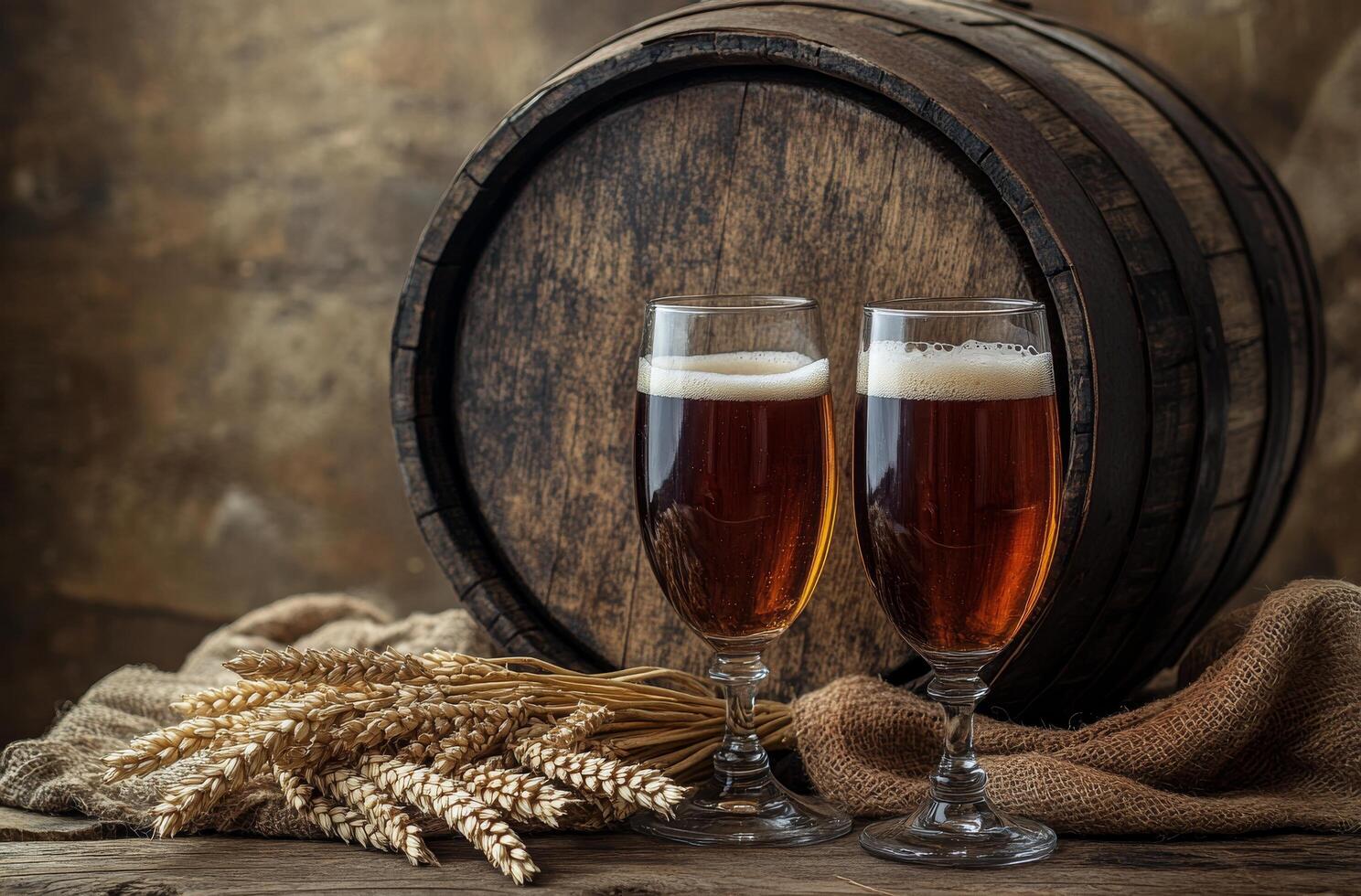 Craft beer served in glasses with barley next to a wooden barrel on a rustic table photo