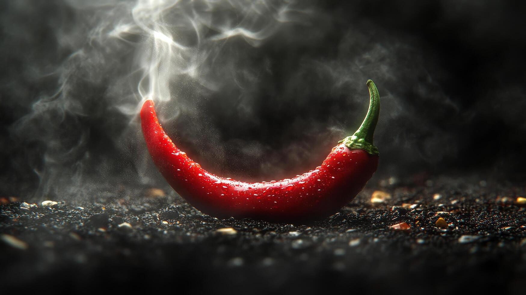Bright red chili pepper with droplets and smoke elegantly swirling around it on a dark background photo