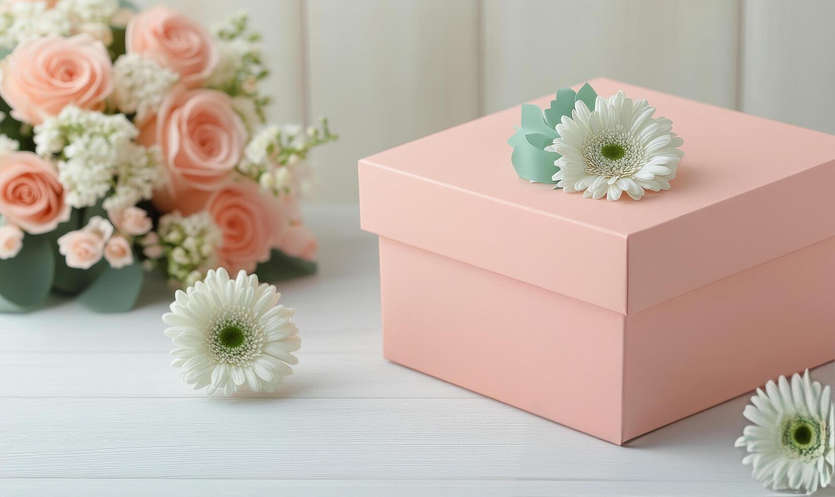 Beautiful floral arrangement in pink box highlighting roses, daisies, and other blooms photo