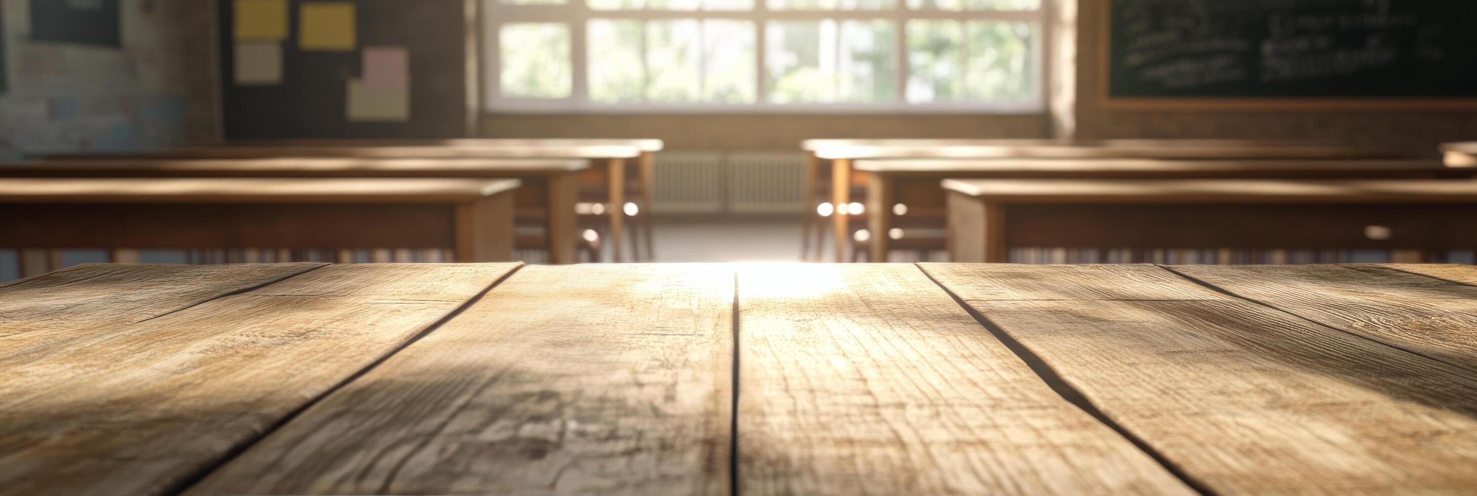 Classroom interior with wooden desks and sunlight streaming through windows in the morning photo
