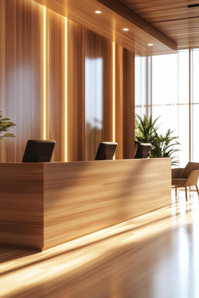 Modern reception area with clean lines and warm lighting in a stylish interior design setting photo