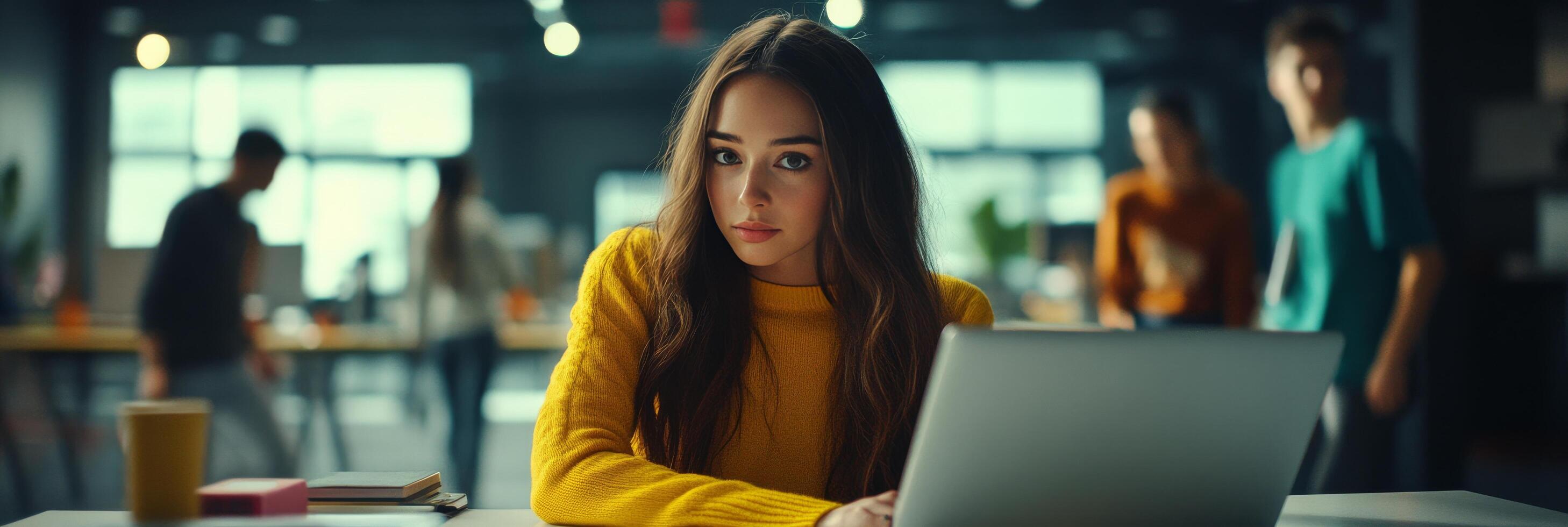 Young woman focused on laptop in modern workspace during daytime with colleagues in background photo