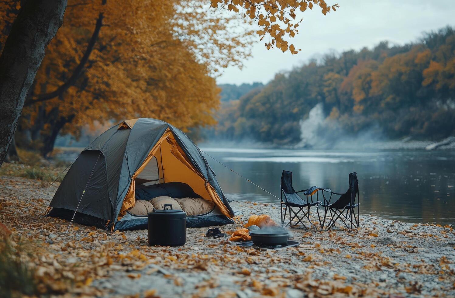 Cozy tent set up by a tranquil riverbank surrounded by autumn foliage in the wilderness photo