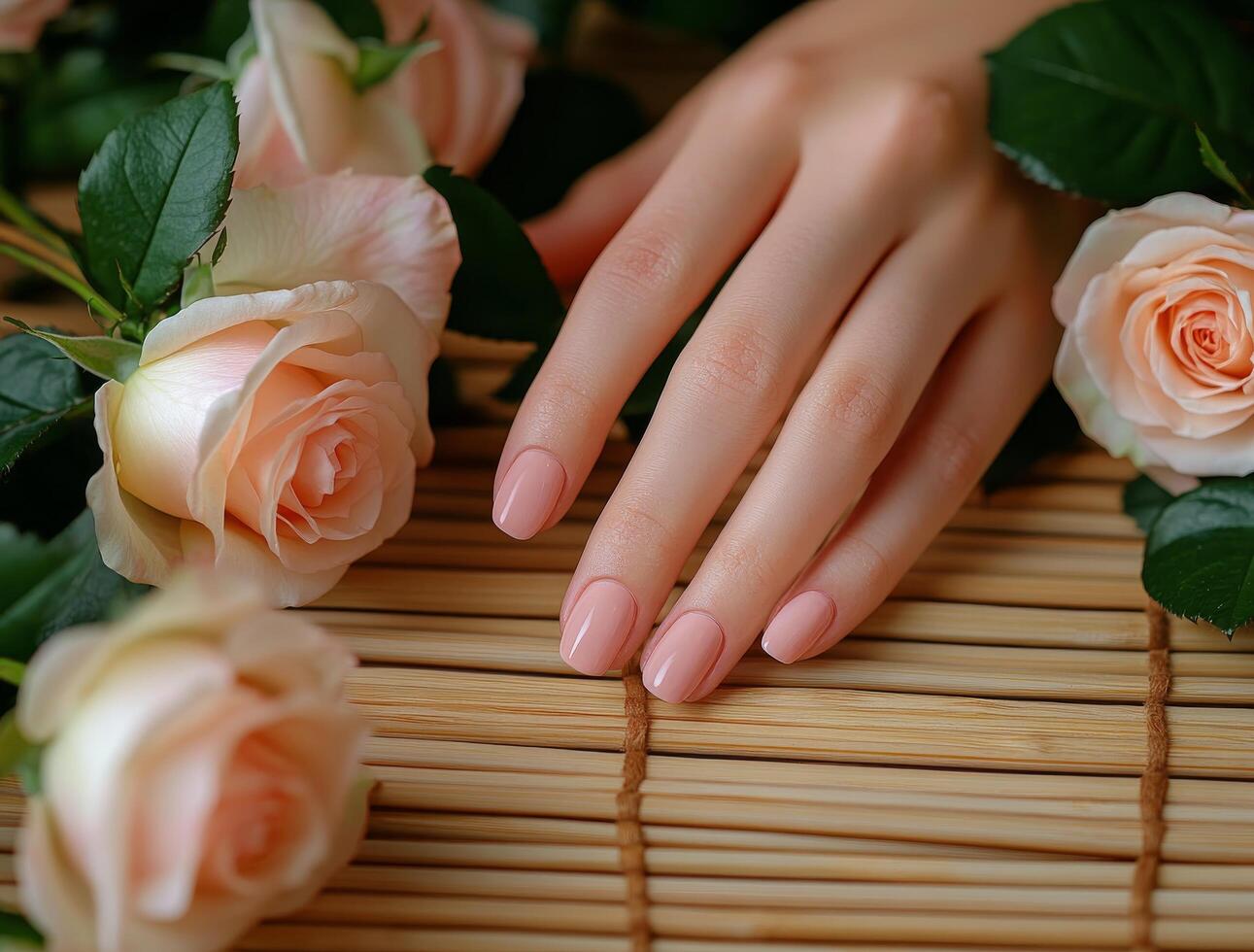 Delicate hand resting on a bamboo mat surrounded by soft pink roses in a serene setting photo