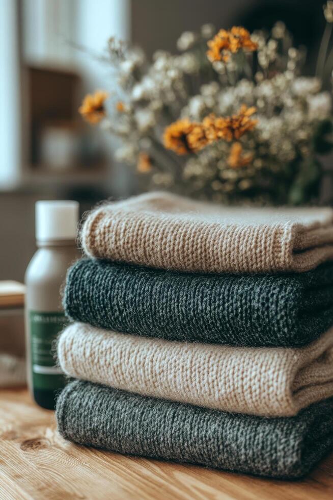 Colorful stack of hand knit sweaters displayed in a cozy workshop setting during autumn photo