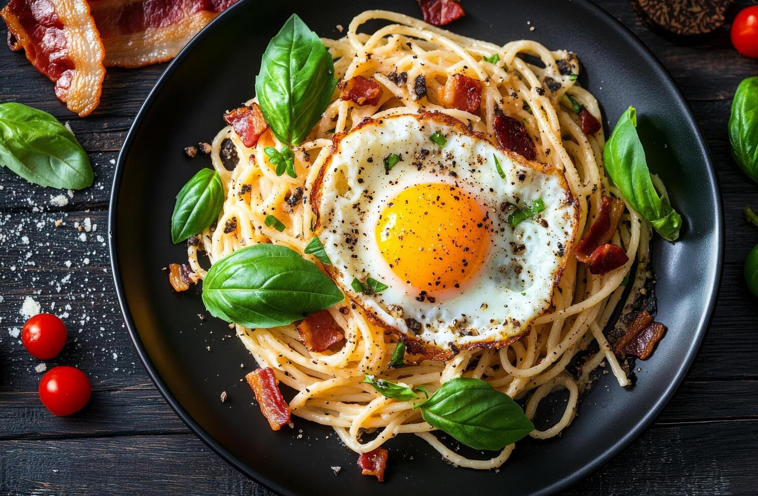 Delicious spaghetti topped with a fried egg and accompanied by crispy bacon on a black plate photo
