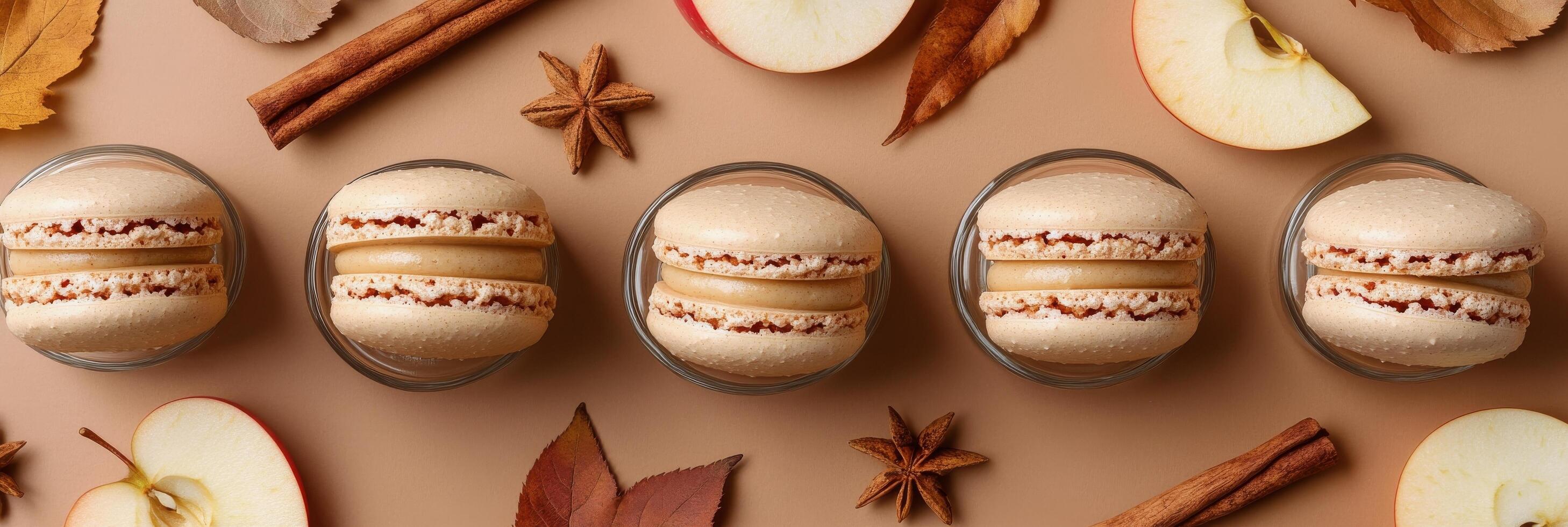 Elegant autumn dessert display featuring macaroons with seasonal flavors photo