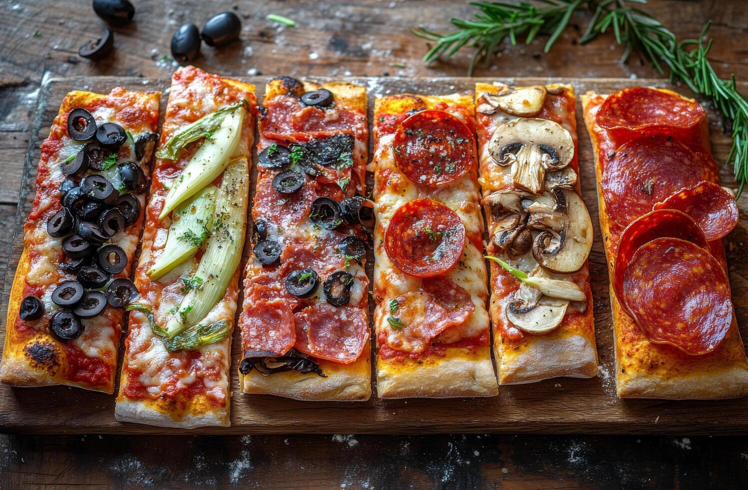Delicious six varieties of baguette style pizzas topped with fresh ingredients on a wooden board photo