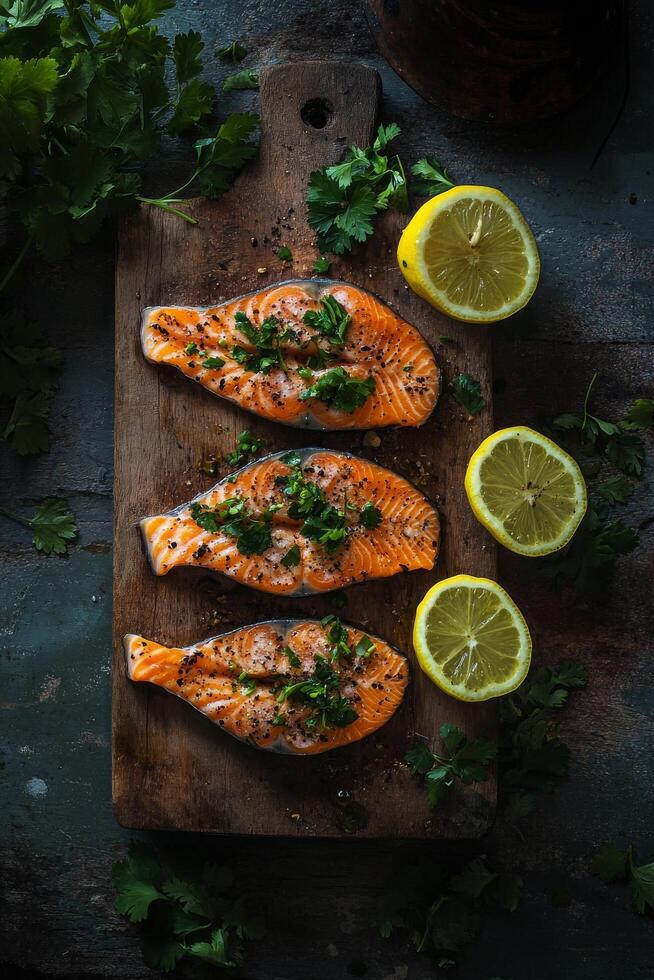 Fresh salmon fillets seasoned with herbs and citrus on a wooden board for cooking preparation photo