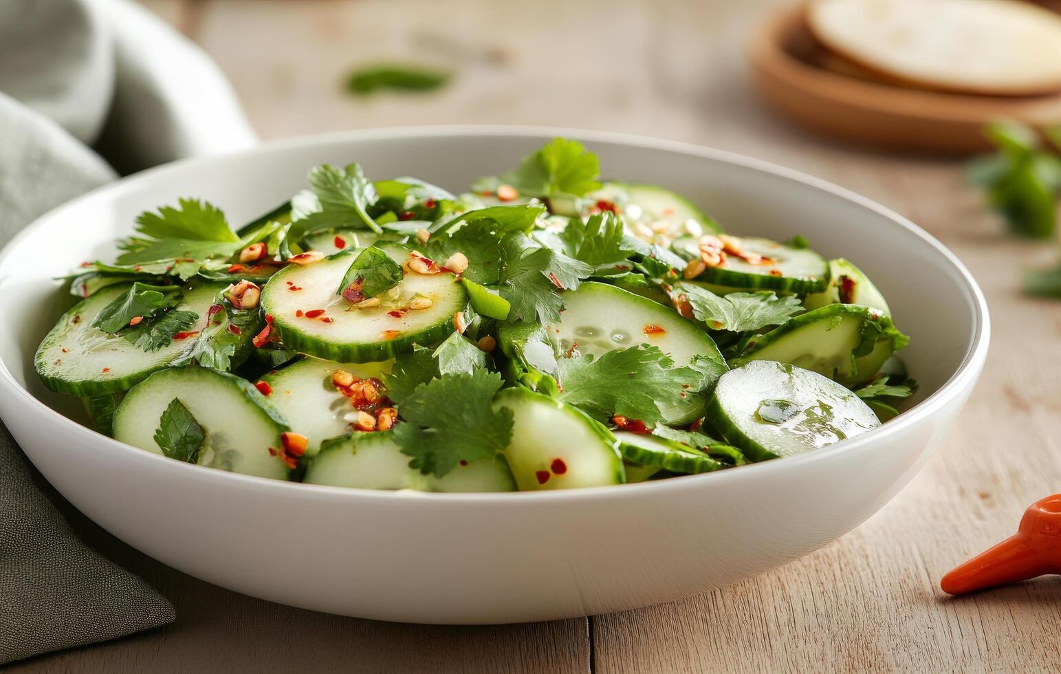 Refreshing cucumber salad with cilantro and spices prepared in a cozy kitchen setting photo