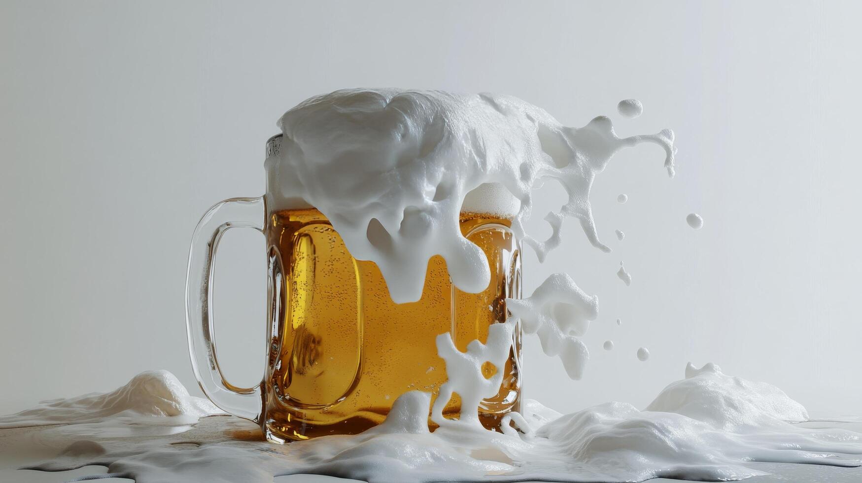 Refreshing beer overflowing from a glass mug with frothy bubbles on a neutral background photo