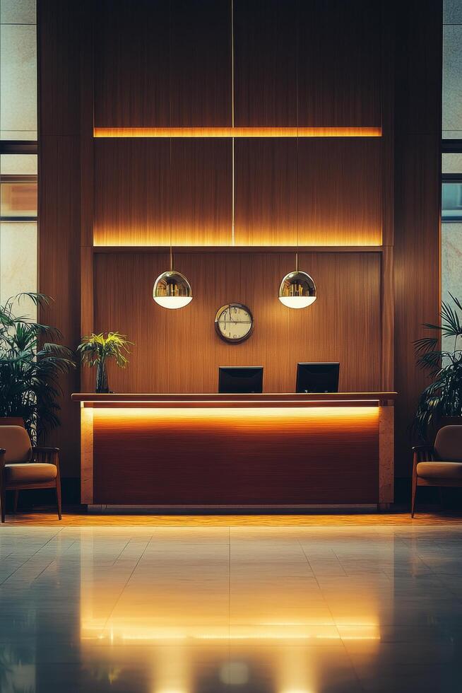 Modern reception area with clean lines and warm lighting in a stylish interior design setting photo