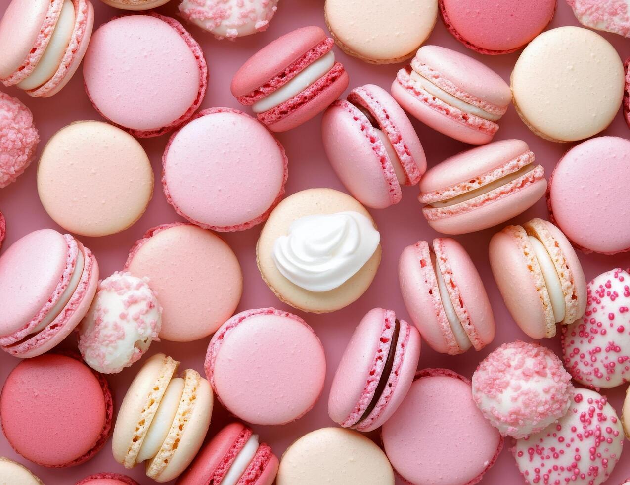 Colorful assortment of pink macarons displayed on a pastel background photo