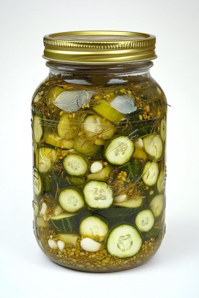 Homemade pickles preserved in a glass jar with herbs and spices photo