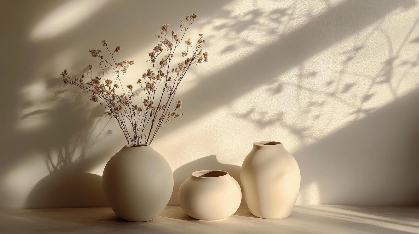 Elegant white vases with dried flowers on a soft lighted table in a minimalistic setting photo