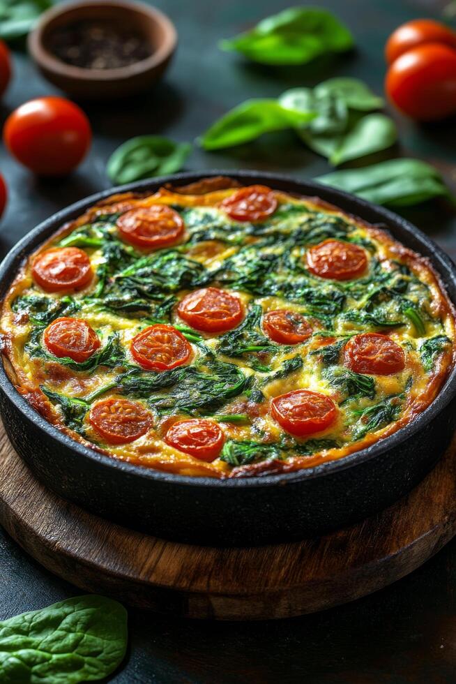 Fresh vegetable quiche with spinach and cherry tomatoes on a rustic wooden table photo