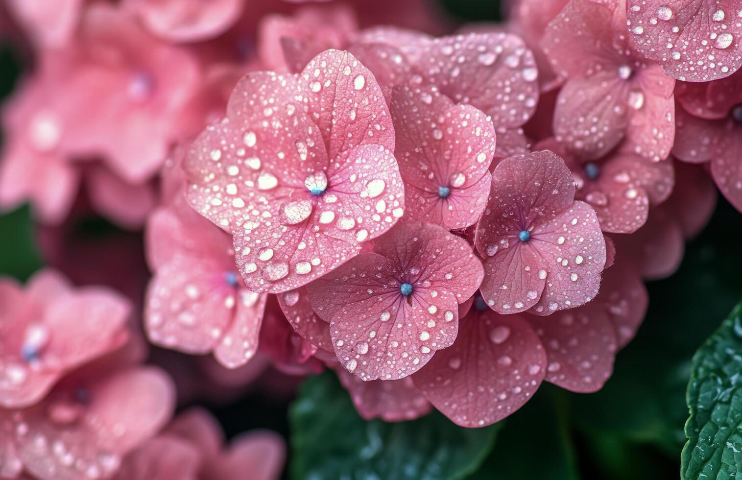 Beautiful pink hydrangea flowers covered in morning dew in a lush garden setting photo