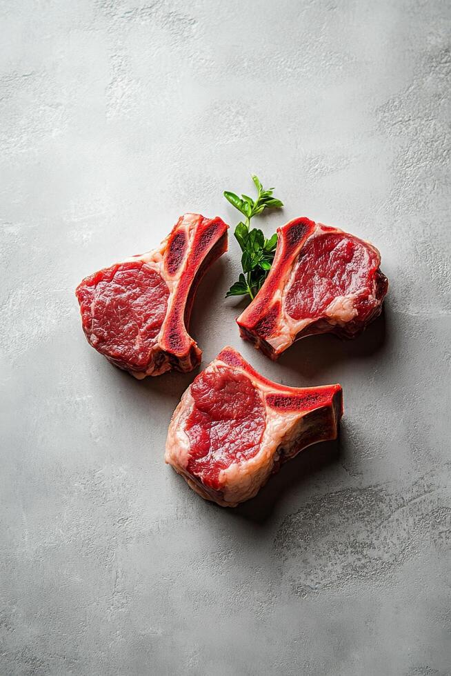 Fresh cut pork chops placed on a gray surface with a sprig of mint for garnish photo