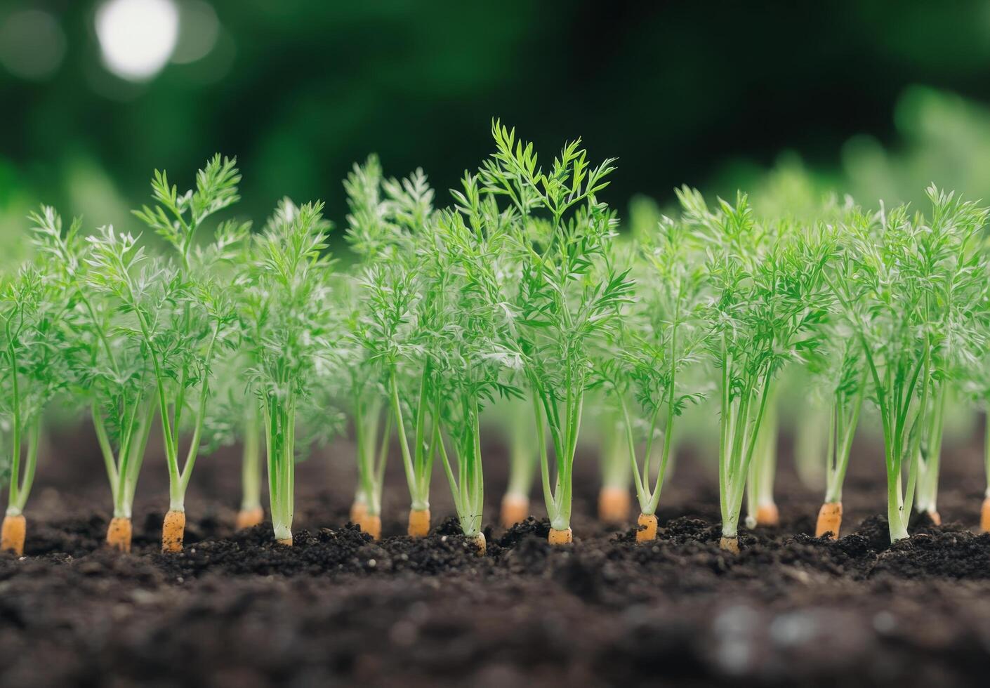 Carrots growing in rich, dark soil under soft sunlight in a lush garden setting photo