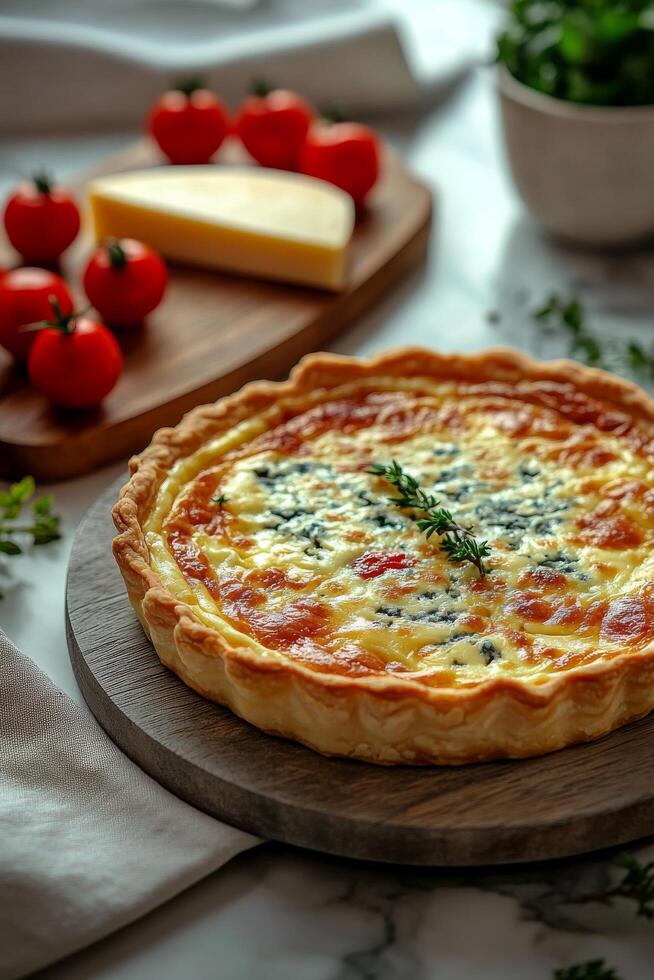 Delicious homemade quiche displayed on a wooden board with fresh ingredients around photo