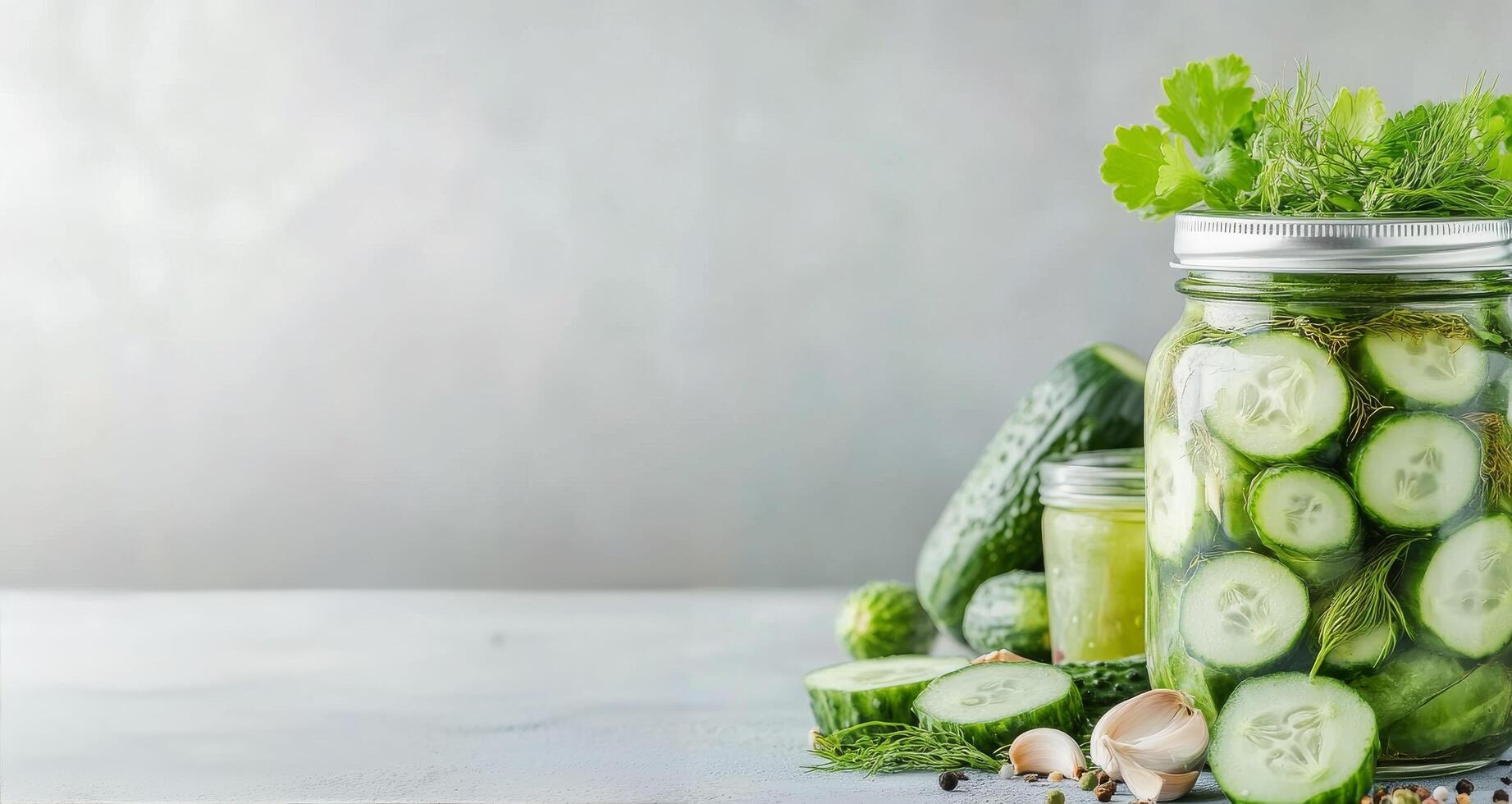 Freshly prepared cucumber pickles in jars with herbs on a clean kitchen counter photo