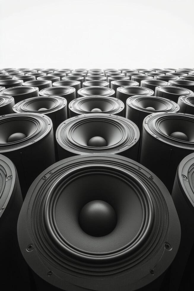 Collection of black speakers arranged in a geometric pattern on a neutral background photo