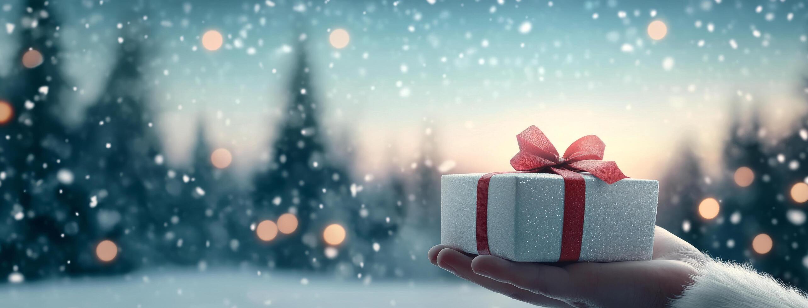 Snowfall creates a magical backdrop for a hand holding a beautifully wrapped gift photo