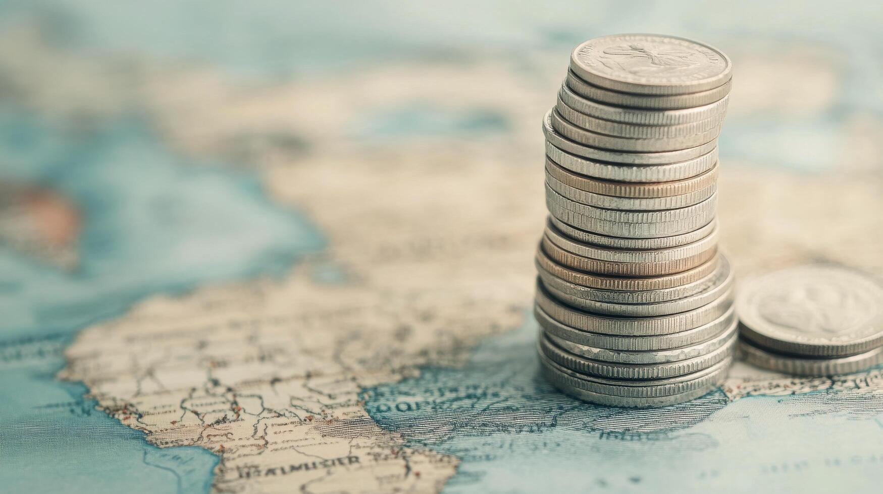 Currency coins stacked on a world map highlighting economic significance photo