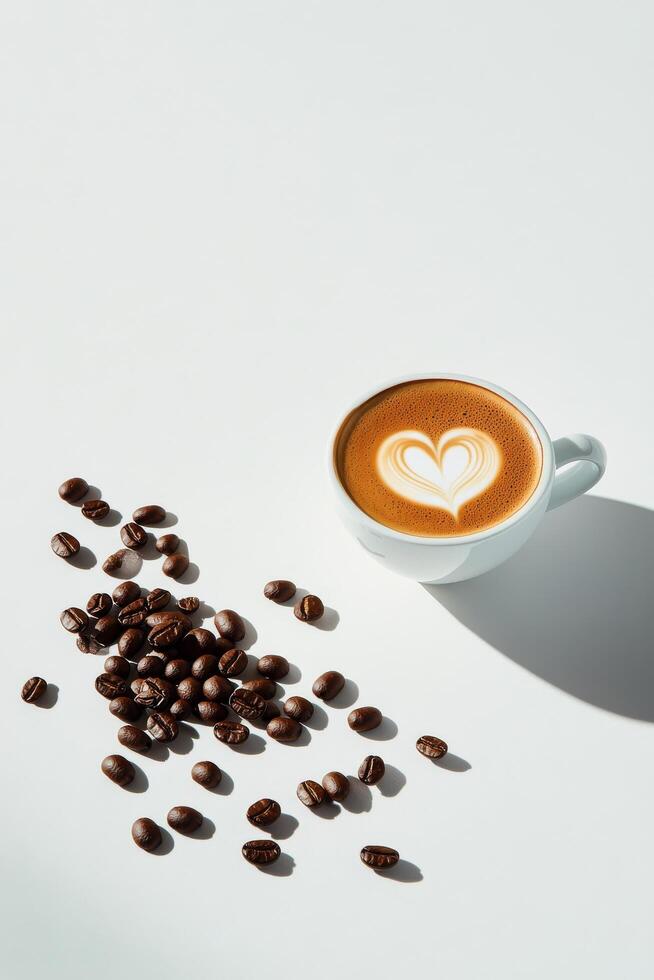 calentar taza de café con corazón diseño rodeado por café frijoles y cacao polvo foto