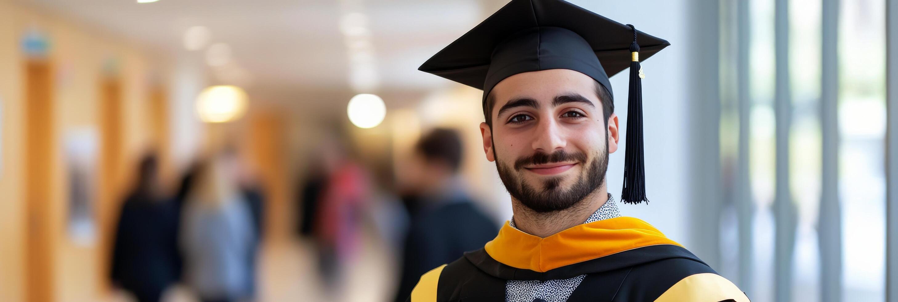 Young graduate smiles confidently in academic attire within bright campus hallway photo
